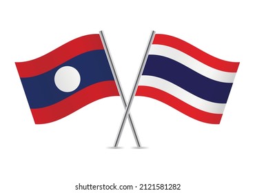 Laos and Thailand crossed flags. Laotian and Thai flags, isolated on white background. Vector icon set. Vector illustration.