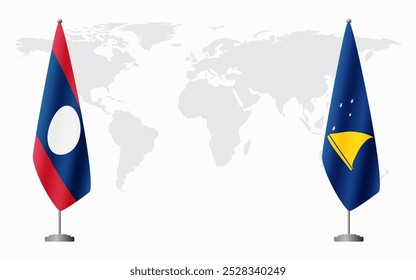 Banderas de Laos y Tokelau para reunión oficial con antecedentes del mapa mundial.