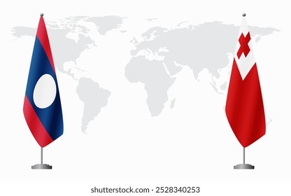 Banderas de Laos y Tonga para reunión oficial con antecedentes del mapa mundial.