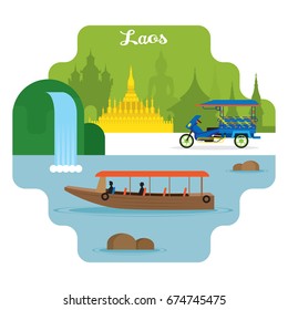 Laos Travel and Attraction Landmarks, Famous Place, Cityscape, River and Land
