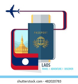 Laos Travel, Discover, Adventure - Most Famous Landmark in country - airplane logo - Country Flag - Passport and Boarding pass - in flat style.