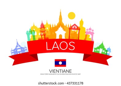 laos Travel Landmarks and flag. Vector and Illustration