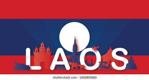 Laos Travel postcard, poster, tour advertising of world famous landmarks in paper cut style. Vectors illustrations