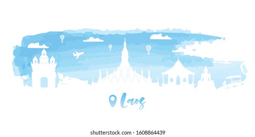 Laos Travel postcard, poster, tour advertising of world famous landmarks in water color style. Vectors illustrations