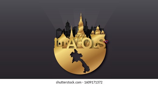 Laos Travel postcard, poster, tour advertising of world famous landmarks in paper cut style. Vectors illustrations