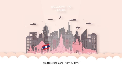 Laos Travel Ticket Postcard, poster, tour advertising of world-famous landmarks of Laos. Vector illustration.