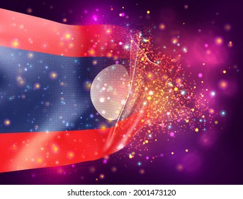 Laos, vector 3d flag on pink purple background with lighting and flares