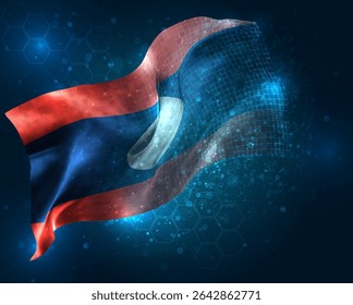 Laos, vector 3d flag virtual triangular polygons on a blue background