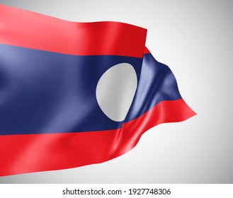 Laos, vector flag with waves and bends waving in the wind on a white background.