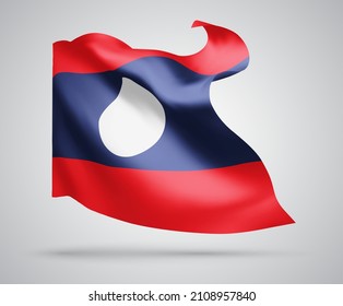 Laos, vector flag with waves and bends waving in the wind on a white background.