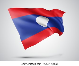 Laos, vector flag with waves and bends waving in the wind on a white background
