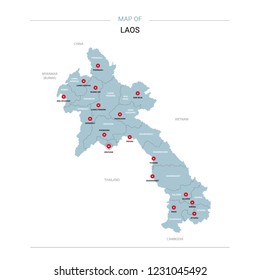 Laos vector map. Editable template with regions, cities, red pins and blue surface on white background. 