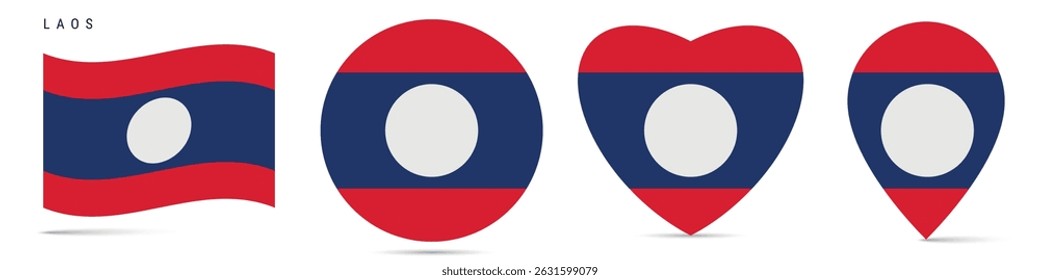 Laos waving flag, round circle sticker badge, heart shaped icon, map pin. Laotian flag buttons of different shapes. Vector illustration isolated on white.