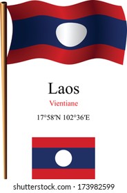 laos wavy flag and coordinates against white background, vector art illustration, image contains transparency