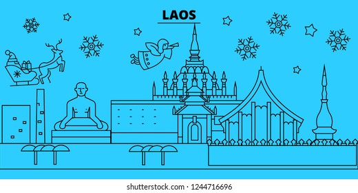 Laos winter holidays skyline. Merry Christmas, Happy New Year decorated banner with Santa Claus.Laos linear christmas city vector flat illustration