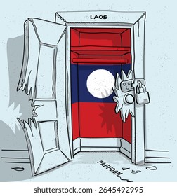 Laos's path to freedom. A political illustration of a broken but locked door with the national flag. A metaphor for struggle and hope.