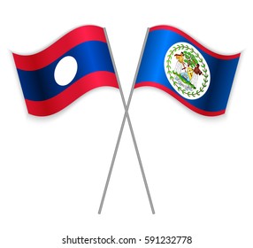Laotian and Belizean crossed flags. Laos combined with Belize isolated on white. Language learning, international business or travel concept.