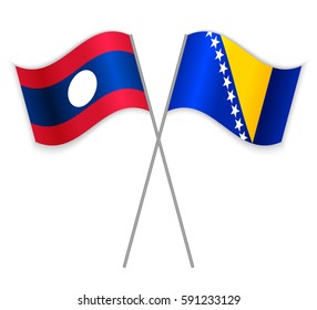Laotian and Bosnian crossed flags. Laos combined with Bosnia and Herzegovina isolated on white. Language learning, international business or travel concept.