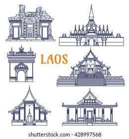 Laotian buddhist golden stupa, wats and ancient khmer temple with gate of Triumph Patuxai and Pha That Luang, Wat Si Saket and Wat Phou, Wat Xieng Thong and Wat Sen Souk Haram. Thin line icons