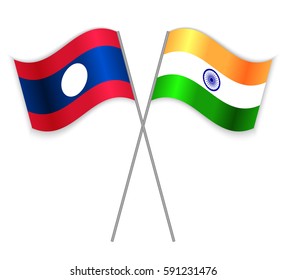 Laotian and Indian crossed flags. Laos combined with India isolated on white. Language learning, international business or travel concept.