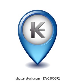 Laotian kip symbol on Mapping Marker vector icon. Illustration design of currency sign of Laos on Map Pointer. Symbol of Laotian monetary unit. Vector illustration isolated on white background