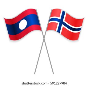 Laotian and Norwegian crossed flags. Laos combined with Norway isolated on white. Language learning, international business or travel concept.