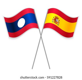 Laotian and Spanish crossed flags. Laos combined with Spain isolated on white. Language learning, international business or travel concept.