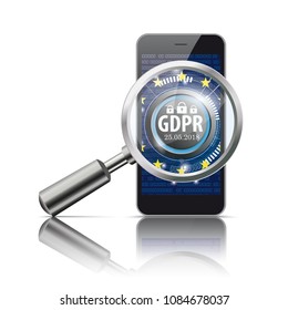 Laoupe and smartphone with the Button GDPR, General Data Protection Regulation. Eps 10 vector file.