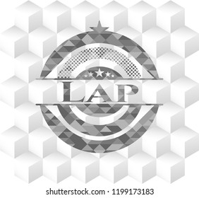 Lap grey badge with geometric cube white background