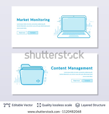 Lap top and folder symbols. Modern styled banners for business topic. Easy to edit vector icons and place for your text.