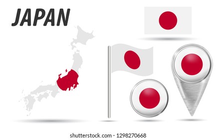 LAPAN. Set flag, map pointer, button, waving flag, symbol, flat icon and map in the colors of the national flag. Vector illustration of collection of national symbols on various objects. EPS 10