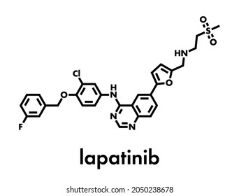 Molécula de medicamento contra el cáncer de lapatinib. Inhibidor dual de la tirosina-quinasa, utilizado en el tratamiento del cáncer de mama. Fórmula esquelética.