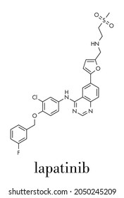 Molécula de medicamento contra el cáncer de lapatinib. Inhibidor dual de la tirosina-quinasa, utilizado en el tratamiento del cáncer de mama. Fórmula esquelética.