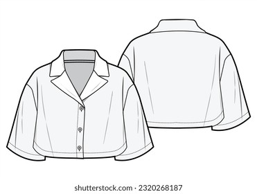 Lapel Collar Button Down Crop Top with Flared Short Sleeve Front and Back View. Fashion Flat Sketch Vector Illustration, CAD, Technical Drawing, Flat Drawing, Template, Mockup.