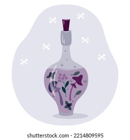 Lapel potion. Witch magic drink. Bottle of poisonous decoction. Belladonna juice. Halloween. Vector illustration.