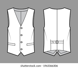 Lapelled vest waistcoat technical fashion illustration with sleeveless, notched shawl collar, button-up closure, pockets. Flat template front, back, white color style. Women, men unisex top CAD mockup