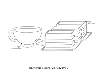 Lapis legit cake and a glass of tea. Lapis legit cake concept one-line drawing