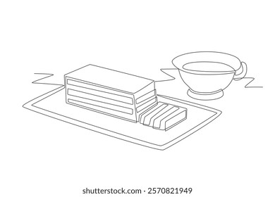 Lapis legit cake and a glass of tea. Lapis legit cake concept one-line drawing