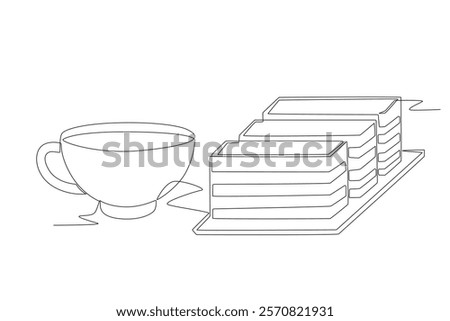 Lapis legit cake and a glass of tea. Lapis legit cake concept one-line drawing