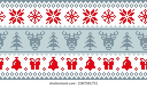 Lapland christmas winter seamless pattern. Nordic background with snowflakes and reindeer, traditional knitting and embroidery in gray and red color.