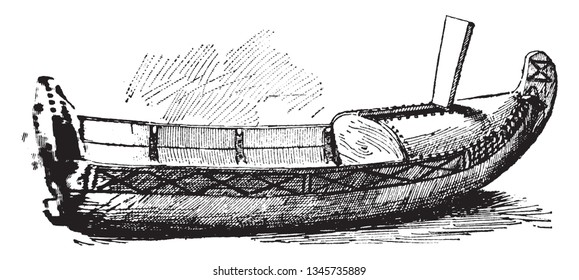 Lapland Pulk is a small canoe shaped boat made of light materials and covered in reindeer skin, vintage line drawing or engraving illustration.
