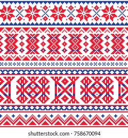 Lapland, Sami people vector seamless pattern, Scandinavian, Nordic folk art in red and blue
Retro traditional belt patterns from Norway, Sweden, Finland, and the Murmansk Oblast of Russia