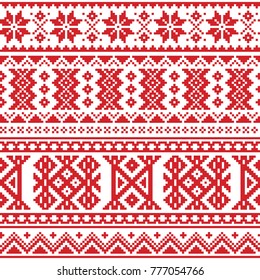 Lapland, Sami people vector seamless pattern, Scandinavian, Nordic folk art in red.
Retro traditional belt patterns from Norway, Sweden, Finland, and the Murmansk Oblast of Russia