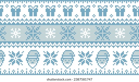 Lapland seamless pattern with nordic snowflake and santa. Christmas winter backgrounds in white and soft blue colors.