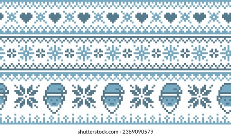 Lapland seamless pattern with santa and nordic snowflake. Christmas winter background in knitted pixel art style.