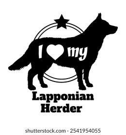  Lapponian Herder Hund Silhouette, ich liebe meinen Hund, Hund, Hunderassen, Logo, Vektor, Silhouette, Tier, Illustration, Symbol, Zeichen, schwarz, Haustier,