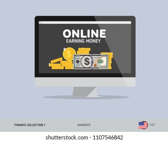 Laptop with 100 US Dollar Banknote. Flat style vector illustration. Finance concept.