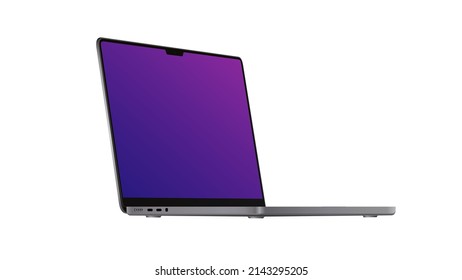 Laptop 2021 Mock up. Rechts Diagonale Ansicht auf dem Modell. Tragbares Gadget mit Violett-Bildschirm auf weißem Hintergrund. Vektorgrafik