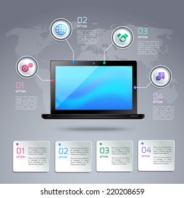 Laptop 3d infographic template with business elements and world map on background vector illustration