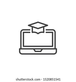 Laptop with academic cap line icon. E-learning linear style sign for mobile concept and web design. Online education outline vector icon. Symbol, logo illustration. Vector graphics